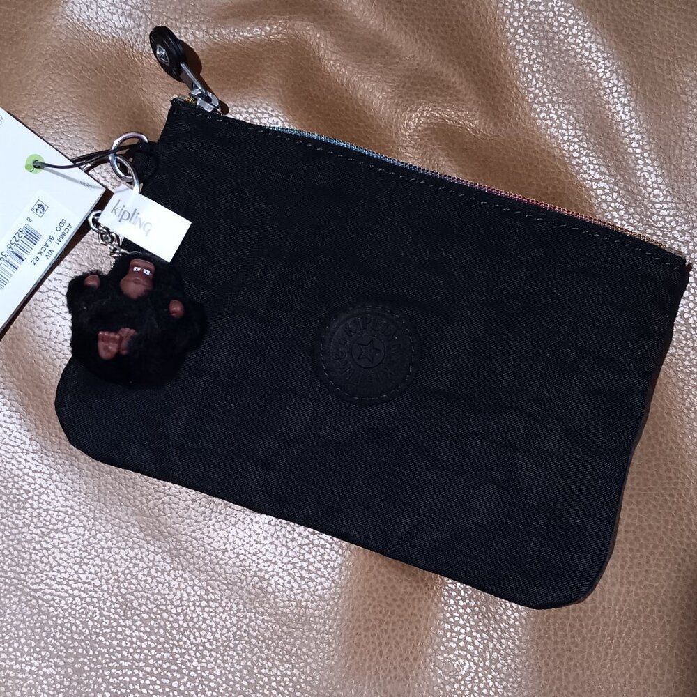 NWT Kipling Viv Black with rainbow zipper accessories pouch